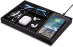 Valet Tray, Built in Wireless Charging Pad, Nightstand Organizer, Dresser Organizer, Mens Jewelry Box, Valet Charging Station, Faux Leather Valet Tray for Men and Women, (Black)