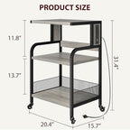 Garvee 3-Tier Large Printer Stand with Power Outlets & USB Ports,Industrial Rolling Printer Cart with Heavy Duty Metal Frame & Adjustable Shelf & Storage & Lockable Wheels for Home Office, Retro Gray