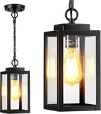 MYHXQ 11'' Outdoor Pendant Light, Modern Outside Chandelier Outdoor Hanging Lantern Light, Matte Black with Clear Glass, Exterior Pendant Lighting Fixture for Porch, Yard, Gazebo, 1Pack