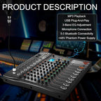 8 Channel Professional Audio Mixer with 48V Phantom Power, USB Audio Interface, Bluetooth & MP3 Player, Sound Board for Podcast, Home Studio, Live Streaming & Recording
