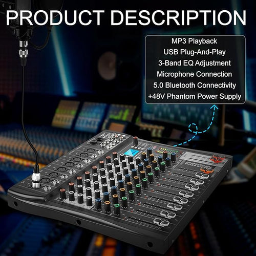 8 Channel Professional Audio Mixer with 48V Phantom Power, USB Audio Interface, Bluetooth & MP3 Player, Sound Board for Podcast, Home Studio, Live Streaming & Recording