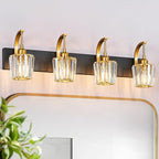 FDPBY Modern Bathroom Vanity Light, 4-Light Black Gold Wall Sconce with Crystal Accents, Over Mirror Bathroom Lighting Fixture, 32.67" Long Dimmable Vanity Lamp for Makeup, Easy Installation