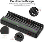 BONAI AA AAA Battery Charger 16 Bay for NiMH Rechargeable Batteries Independent Control with LED Light and Standard American AC Charging Plug, Battery not Included - Black