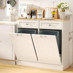 Tilt Out Trash Can Cabinet Dog Proof with Double Wood Hidden Holder, Kitchen Free Standing Recycling Cabinet（White）