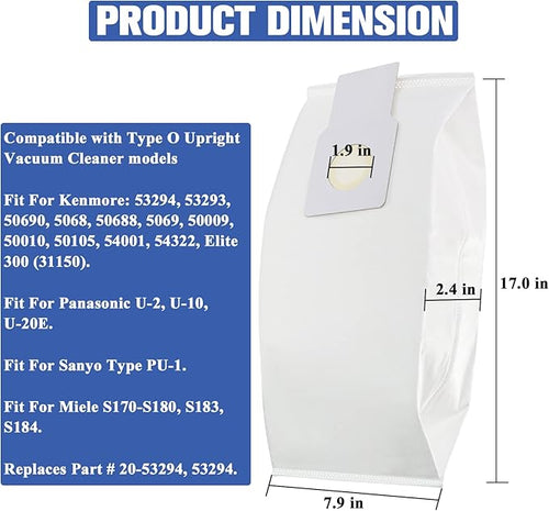 53294 Type O HEPA Cloth Vacuum Bags Replacement for Kenmore Upright Vacuum Cleaners, 6 Pack