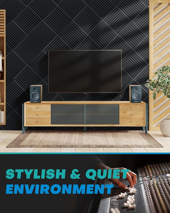52 Pack Acoustic Foam Panels, 1 X 12 X 12 Inches Sound Proof Foam Panels for Walls, High Density Acoustic Panels Sound Absorbing, Black Noise Cancelling Studio Wedges (NOT INCLUDE ADHESIVE)