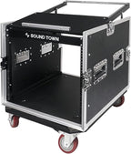 Sound Town Enhanced Thickness 1/2" (12mm) Plywood 10U Audio Rack/Road Case with 14U Slant Mixer Top, 25’’ Rackable Depth and Casters-Pro Tour Grade (STMR-DE10UW)