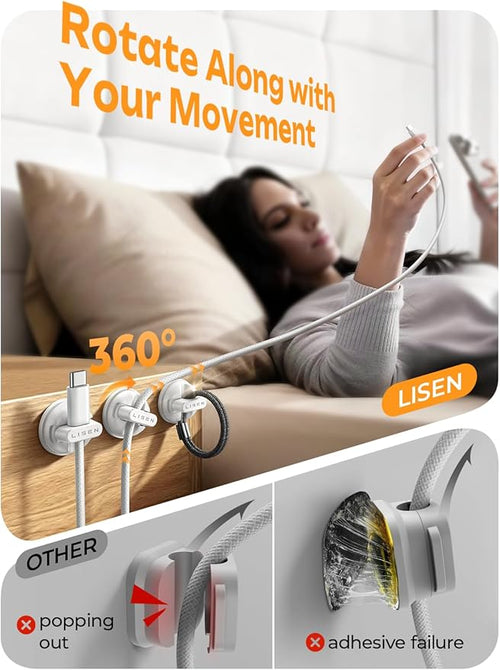 6-Pack Rotatable Cord Holder for Nightstand, LISEN 360°Rotating Magnetic Clips, No-Residue Adhesive Cable Management Clips Neatly for Nightstand, Desk, Home, Office, Car, Cubicle Accessories, White