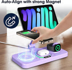 30W Charging Station for Apple Products, Foldable Wireless Charger with Clock Display&7 Color Light, Wired Charging for iPad/Tablet Charging Station for iPhone17, for Apple Watch11 for AirPods4(Purple
