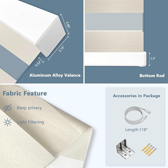 COOLWINDS Motorized Zebra Blinds for Windows Cordless Electric Curtains with Remote Control Blackout Shades Custom Smart Blinds Compatible with Alexa Google Home(Light Filtering Beige,W25 X 72in)