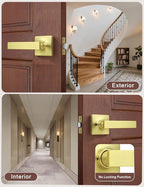 Mengico 4 Pack Passage Door Levers Gold Finish, No-Locking Keyless Square Door Knob, Interior Door Handles for Closet and Hallway, Reversible for Left & Right Handed