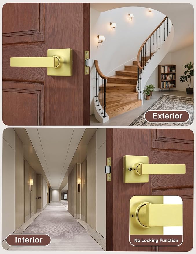 Mengico 2 Pack Passage Door Levers Gold Finish, No-Locking Keyless Square Door Knob, Interior Door Handles for Closet and Hallway, Reversible for Left & Right Handed