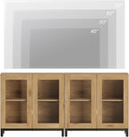 WAMPAT Modern TV Stand with Glass Doors for 32-70 inch TVs, Farmhouse Entertainment Center Media TV Console with Adjustable Shelves for Living Room, Bedroom, Oak
