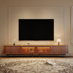 POVISON Sliding Tambour Door TV Stand with LED Lights, Mid Century Modern TV Console, Wood Media Console, Entertainment Center with Storage Cabinet, Fully-Assembled (Walnut, 118.11")