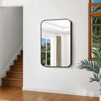 Black Bathroom Mirror, 28x42 inch Aluminum Metal Frame Rectangular Vanity Mirror, Wall Mounted Rectangle Mirrors with Rounded Corner for Bedroom Living Room Hangs Horizontal Or Vertical