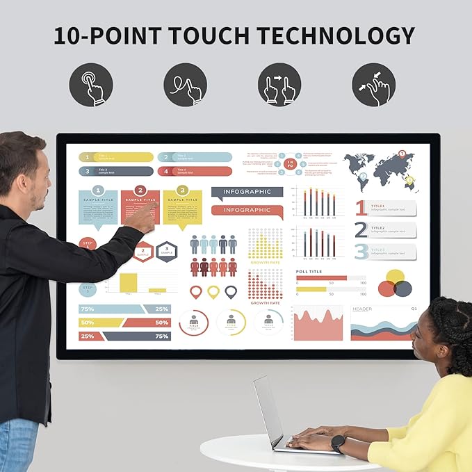 TouchWo 65-inch Interactive Touchscreen Monitor, Electronic Whiteboard Touch Screen with 4K Display, Smart Board for Home Office and Classroom, Bundled Android 12, RAM 4G & ROM 64G