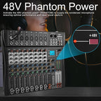 8 Channel Professional Audio Mixer with 48V Phantom Power, USB Audio Interface, Bluetooth & MP3 Player, Sound Board for Podcast, Home Studio, Live Streaming & Recording