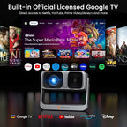 2000 ANSI Official Licensed Google TV Outdoor Projector 4K Full HD, Smart Projector with Wifi and Bluetooth, Auto Focus, Dolby Sound, Built-in Apps, HAPPRUN Indoor Home Theater with 270° Stand