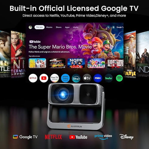 2000 ANSI Official Licensed Google TV Outdoor Projector 4K Full HD, Smart Projector with Wifi and Bluetooth, Auto Focus, Dolby Sound, Built-in Apps, HAPPRUN Indoor Home Theater with 270° Stand