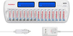 Tenergy TN438 16-Slot Smart Battery Charger for AA AAA NiMH NiCd Batteries with LCD Display + 8 AA and 8 AAA Premium Rechargeable Batteries