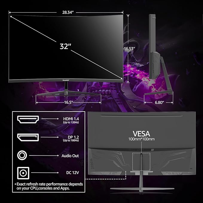 Gawfolk 32 inch Gaming Monitor 1800R Curved Computer Monitors 165HZ / 180HZ PC Monitors VA Screen for Home, Office and Dormitory, FHD 1080P Computer Monitor Support HDMI & DP