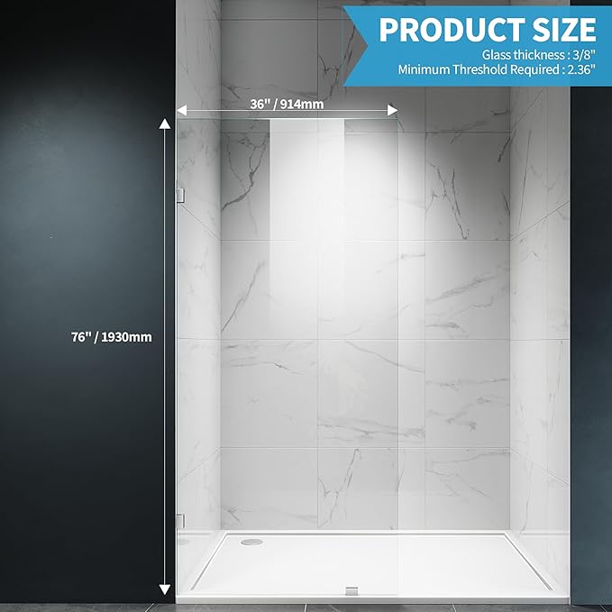 Shower Glass Panel, 36" W x 76" H Fixed Shower Screen Panel with 3/8"(10mm) SGCC Clear Tempered Glass, Frameless Walk in Shower Door for Bathroom (Chrome, 36" W x 76" H)