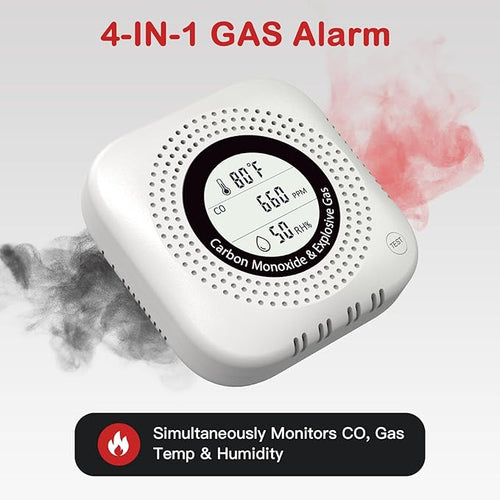 4-in-1 Carbon Monoxide & Natural Gas Leak Detector, Foldable Plug-in CO/Gas Alarm with Temperature & Humidity Display for Home, Apartment, RV