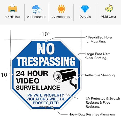 2-Pack No Trespassing Sign Private Property Protected By Video Surveillance Violators Will Be Prosecuted Sign, 10 x 10 Inch Reflective Aluminum, UV Protected, Weather/Fade Resistant, Easy to Install
