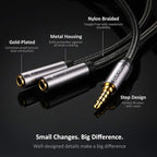 DUKABEL Headphone Splitter, Strong Braided & Gold-Plated 3.5mm Stereo Audio Y Splitter Cable 4-Pole Male to 2-Female Port Audio Stereo Cable Dual Headphone Jack Adapter Top Series