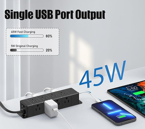 45W USB-C Fast Charging Under Desk Power Strip,12 Outlet Mountable Power Strip with 4 USB,1200J Surge Protection,6FT Flat Extension Cord Black