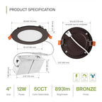 ASD 1 Pack LED Recessed Lighting 4 Inch 12W, 5 CCT 2700K-5000K CRI90+, IC Rated Ultra Thin Dimmable Ceiling Lights with J Box, Canless Wafer Downlight, Round Slim Panel Light, UL Listed, Bronze