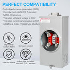 200 Amp Meter Socket, 4 Jaw Meter Base, 600V 3 Wire Ringless Type, with Horn Bypass Meter Cover Plate, Suitable for Overhead/Underground Feed