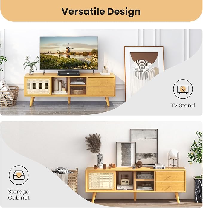 Giantex Mid Century Modern TV Stand for TVs up to 65", Wood Entertainment Center with Open Storage Shelves, PE Rattan Sliding Doors & Drawers, Media TV Console Table for Living Room (Natural)