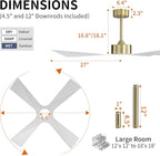 WINGBO 54" Wet Rated Outdoor Ceiling Fan with Lights, 4 ABS Plastic Blades, Reversible DC Motor, 6-Speed Remote Control, 3 CCT, Waterproof Ceiling Fan for Patio Porch Gazebo Garage, Brass and White
