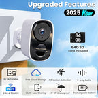 2025 Upgraded 2K Wireless Security Camera with 64G SD Card, Free Cloud Storage, 1-6 Month Battery Life, AI Motion Detection, Spotlight, Siren Alarm, 2-Way Audio, Waterproof WiFi Surveillance Camera