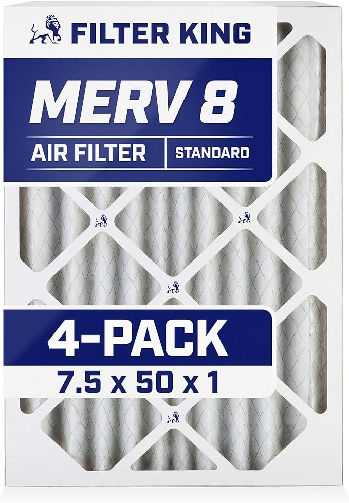 Filter King 7.5x50x1 Air Filter | 4-PACK | MERV 8 HVAC Pleated A/C Furnace Filters | MADE IN USA | Actual Size: 7.5 x 50 x .75"