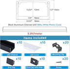 Muzata 10Pack 3.3FT/1M Plus-Size Spotless LED Channel Black LED Strip Diffuser Channel with Milky Frosted White Diffuser Cover U103 BW 1M