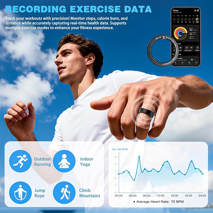 S SECRETTOP Smart Health Ring for Men Women, Fitness Tracker Ring with Sleep Monitoring, Heart Rate, SpO2, IP68 Waterproof, Step Counter Calorie Tracker Health Rings (Black 7)