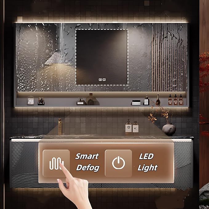 Bathroom Floating Vanity - Smart Defogging LED Lamp & Bathroom Vanities with Tops | Innovative Door Panel Design & Motion Sensor Light, Concealed Handle (B, 56IN)