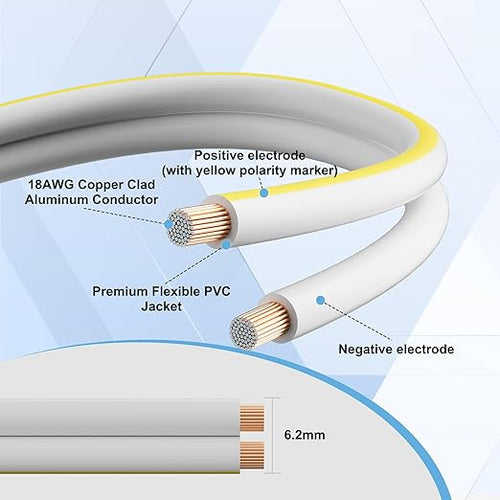 18AWG Speaker Wire 200 FT, 18 Gauge Audio Security Alarm Hookup Control Low Voltage Cable, Home Theater Wire, Automotive Wire, White Cord with Yellow Polarity Marker, CCA, 2 Conductors Electrical Wire
