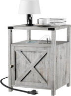 HOSEOKA Farmhouse Nightstand with Charging Station, Grayish White End Table Bedroom with Storage Living Room Side Table Beige Night Stand Industrial Bedside Bed Table with USB Ports and Outlets