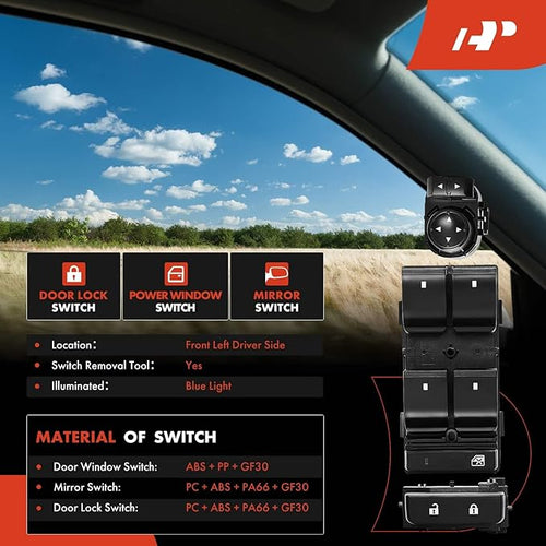 A-Premium Power Window Control Switch & Door Lock Mirror Switch - Compatible with 2007-2014 Chevy Silverado 1500 2500 HD 3500 HD & GMC Sierra 1500 2500HD 3500HD - Front Driver Side Door