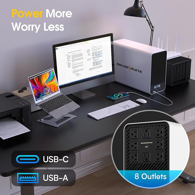 GOLDENMATE 1500VA/1200W Lithium UPS Battery Backup and Surge Protector, Backup Battery Power Supply with LiFePO4 Batteries(296Wh), AVR, Line Interactive Sinewave UPS System, 8 Outlets, LCD Display