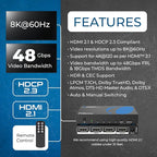 OREI 8K HDMI Switch 5 in 1 Out – HDMI Switch with Remote 8K@60Hz 4:2:0/4K@120Hz 4:4:4-48Gbps Switcher with HDR10+, VRR, ALLM & QFT, CEC - for PS5, Xbox, Roku, Fire TV