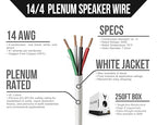 Voltive 14/4 Speaker Wire, Plenum CL3P, White, 250ft - 14AWG, 4 Conductors, Stranded Oxygen-Free Copper, UL Listed - V-1216-2