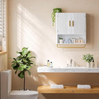 Bathroom Cabinet Wall Mount with Fluted Door Panel & Adjustable Shelf, Medicine Cabinet with Open Partition and Towel Bar, Wall Storage Cabinet for Laundry Room & Kitchen (White)