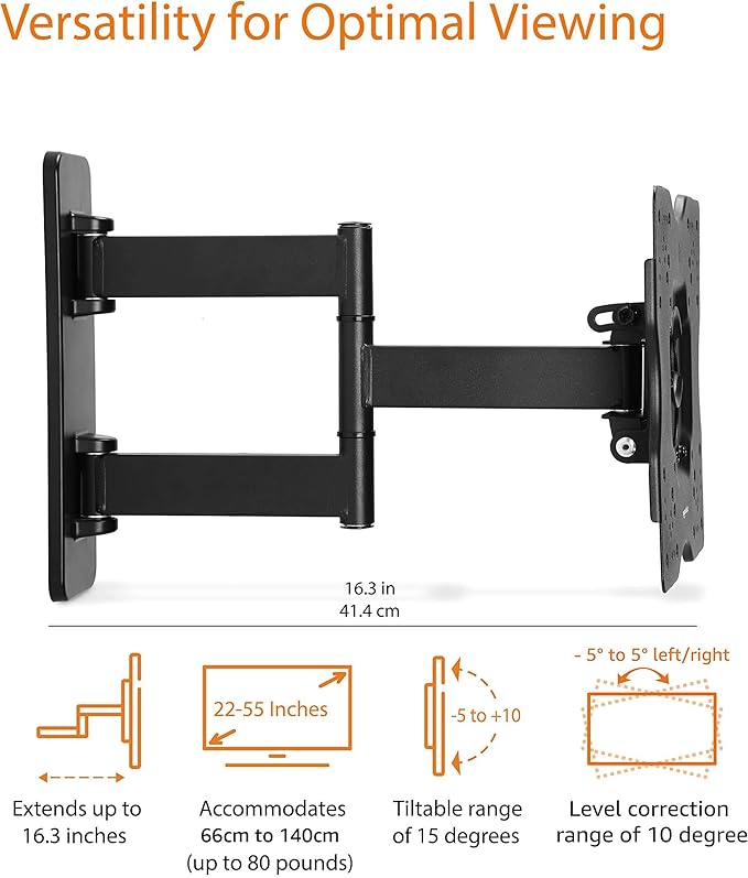 Amazon Basics Full Motion Articulating TV Wall Mount, with Swivel and Tilt, for 26" to 55" TVs and Flat Panels up to 80 Lbs, VESA Compatible, Black