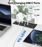 45W Recessed Power Strip, Flush Mounted Surge Protector(1200J) with 6 AC Outlets & 8 USB Ports(4 USB-C), 45°Flat Plug, 6FT Flat Power Cord(Black)