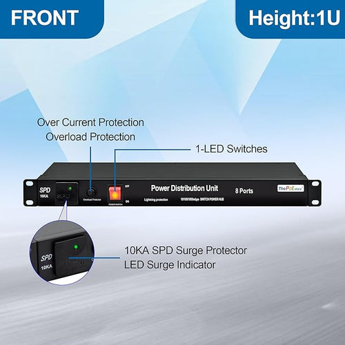 1U PDU Rack Mount Power Surge Protection, 8 NEMA 5-15R Outlets & 5-Port Gigabit Ethernet Switch, 100-250V 15A 3600 Joules, w/10KA SPD Lightning & 6ft Cord, ETL Listed