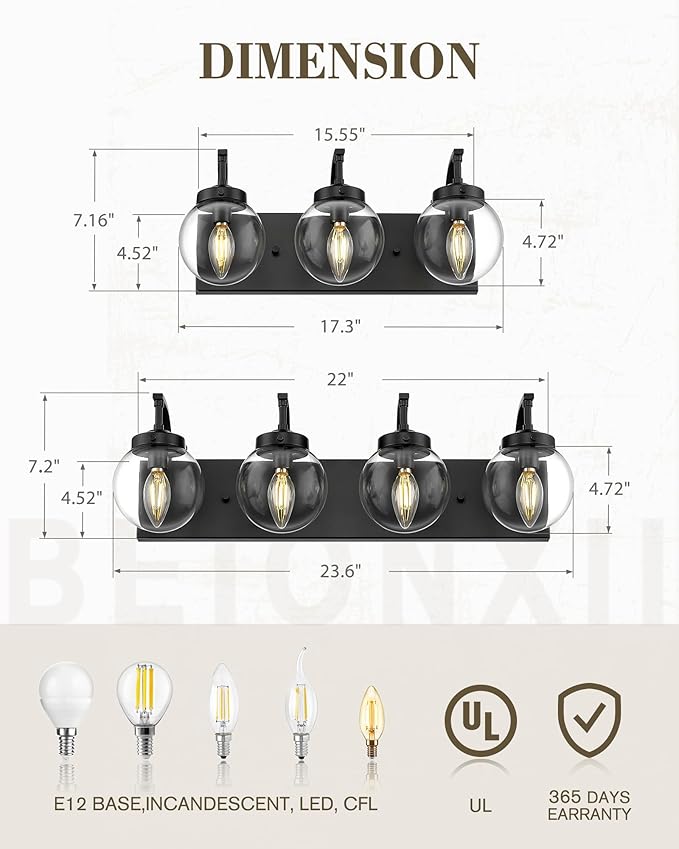 Beionxii 4-Light Bathroom Light Fixtures, Black Bathroom Vanity Light with Clear Glass Shade, Modern Vanity Lighting Fixtures Over Mirror Living Room Hallway, BX-VL03MB-4CG